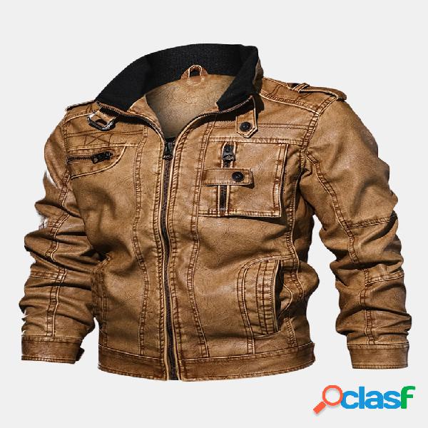Mens Casual Moto Leather Jacket Multi Bolsos Cool Pu Leather