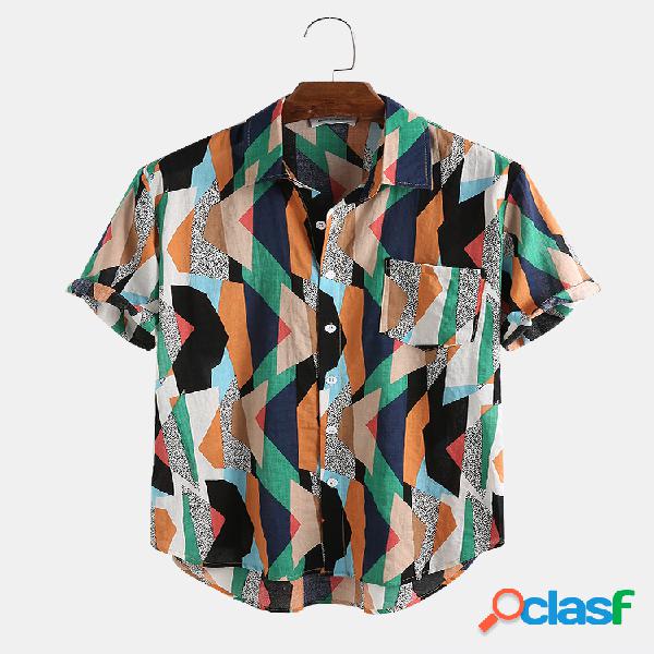 Mens Casual Striped Geo Print Pocket Camisas de manga curta