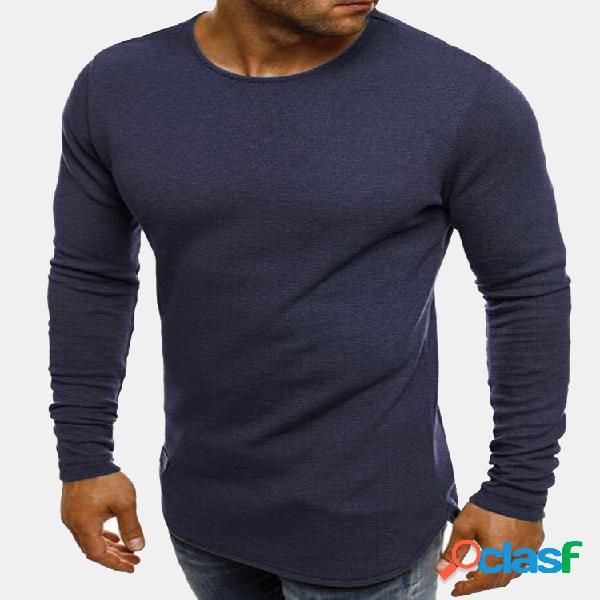 Mens Casual Striped Pure Color Pullover Manga comprida