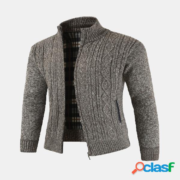 Mens Casual Thicken Knit Respirável Stand Collar Zipper