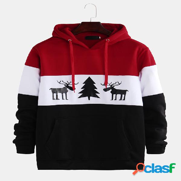 Mens Christmas Elk Impresso Contraste Cor manga comprida com