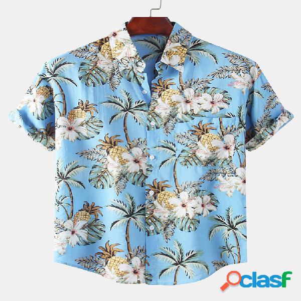 Mens Coco Tropical Print Soft Lapela Casual Camisa