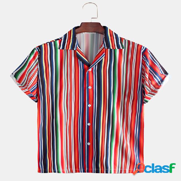 Mens Colorful Rainbow Stripe Impresso manga curta Camisa