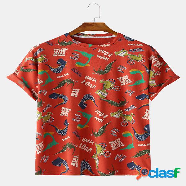 Mens Cotton Cartoon Dinosaur Print Casual Loose T-Shirt