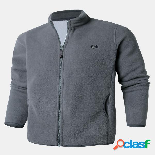 Mens Cotton Fabric Solid Fleece Warm Long Sleeve Stand