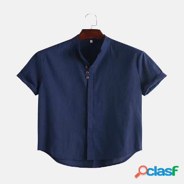 Mens Cotton Linen Casual Hidden Botões Camiseta de manga