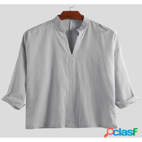 Mens Cotton Linen Grandad V Neck Stand Collar manga comprida