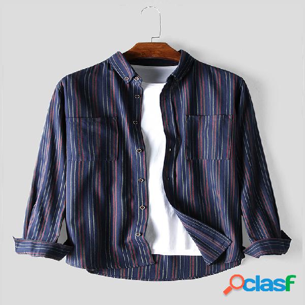 Mens Cotton Plain Striola Double Pockets Camisas de manga