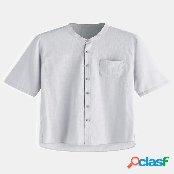 Mens Cotton Solid Chinese Botões Fechamento Camisas de