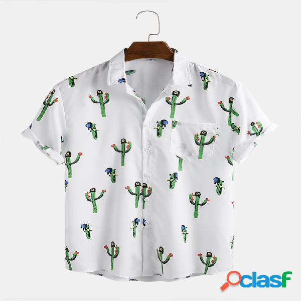 Mens Cute Cactus Design Bolso no peito impresso Camisas de