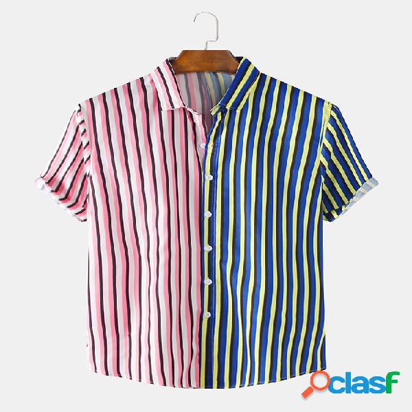 Mens Designer Stripe Patchwork Manga curta Casual Lapel