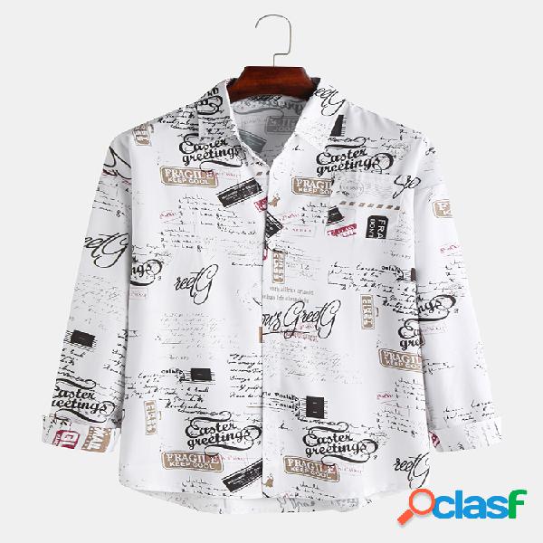 Mens Doodle Script impresso manga comprida solta Camisa