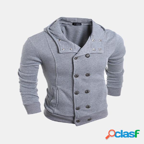 Mens Double Breasted Sólido Cor Hooded Tops Casual Cotton