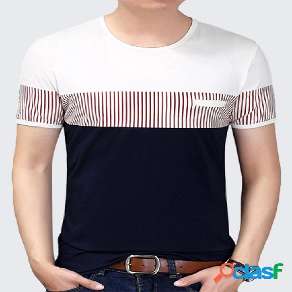 Mens Elegante Listrado O-pescoço Hit Color Tee Camisas de