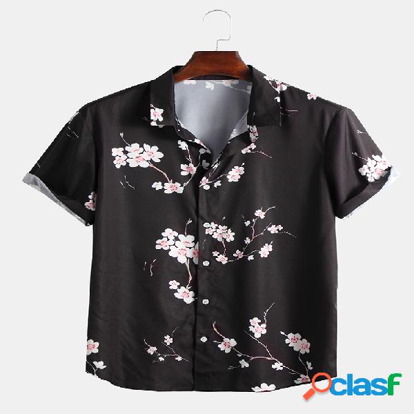 Mens Estilo Chinês Wintersweet Impresso Turn Down Collar