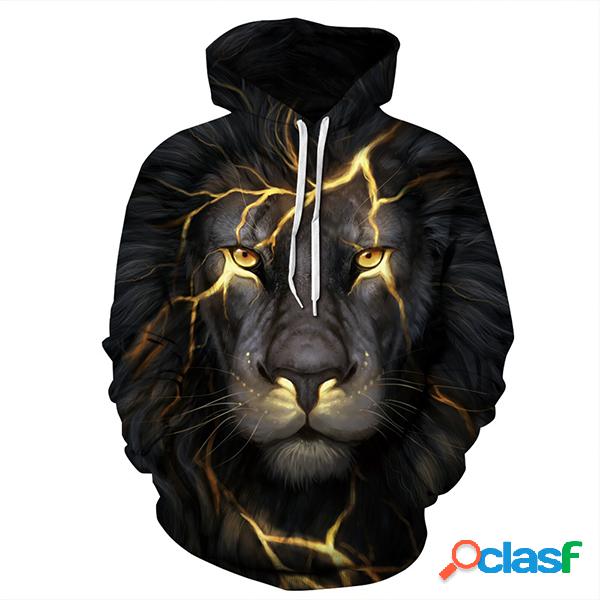 Mens Fashion 3D Printed Lion Hooded Loose Fit Long Sleeve