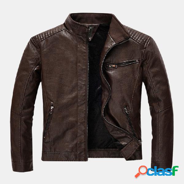Mens Fashion PU Leather Multi Pockets Manga comprida Stand