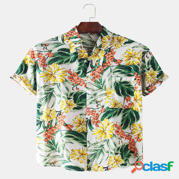 Mens Floral Impresso Leve Respirável Casual Manga curta