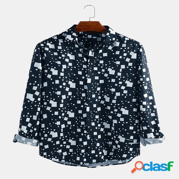 Mens Funny Square Impresso manga comprida Loose Designer
