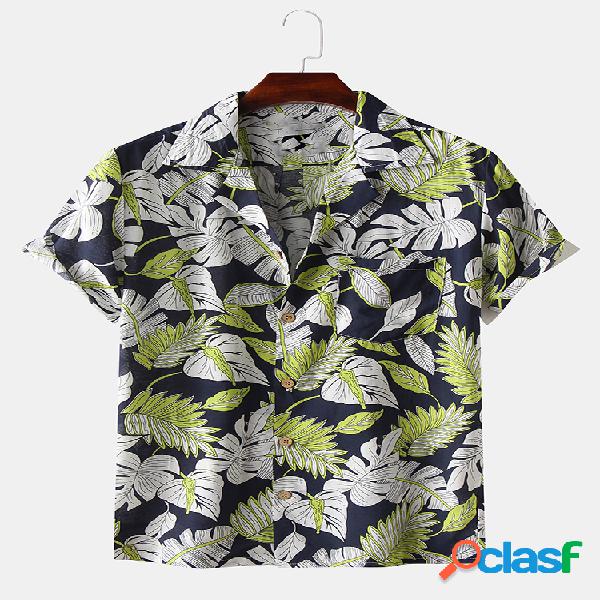 Mens Hawaii Folha Imprimir Turn Down Collar Camisas de manga