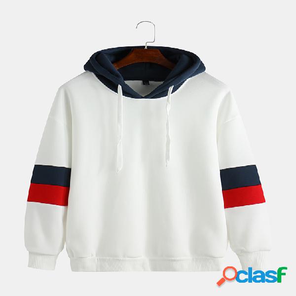 Mens Hit Color Drawstring Manga comprida Casual Hoodies