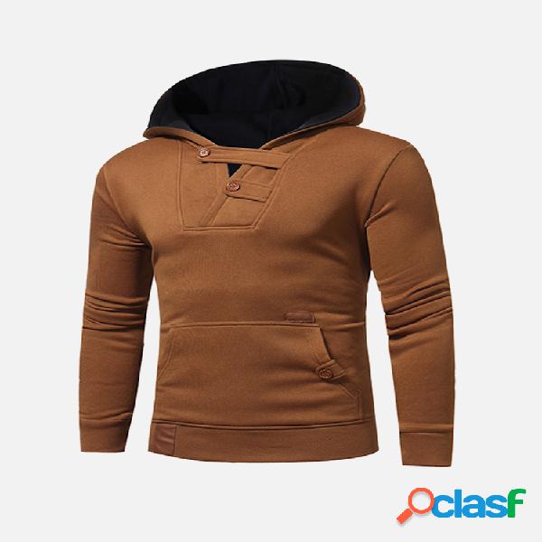 Mens Hit Color Patchwork Hoodies Button Splicing Casual