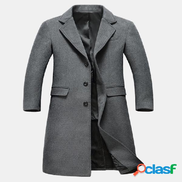 Mens Inverno Longo Casaco De Lã Slim Fit Cor Sólida Manga