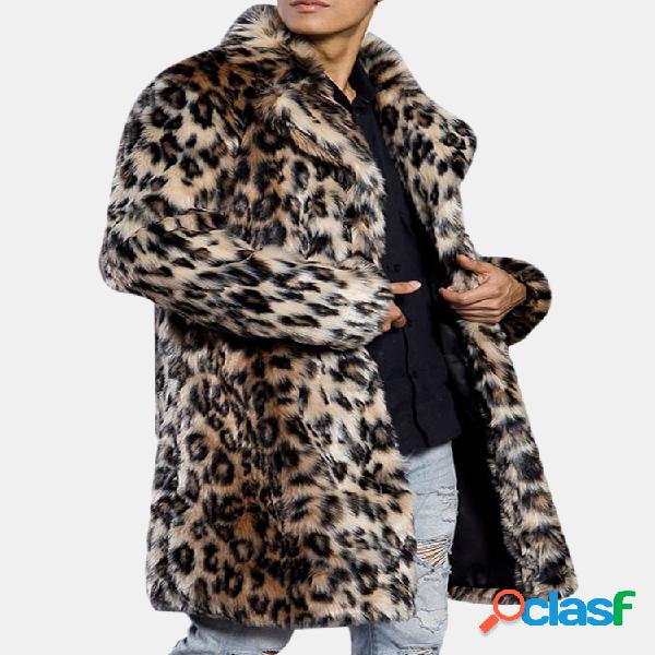 Mens Inverno Quente Leopardo Faux Fur Coat Terno Gola