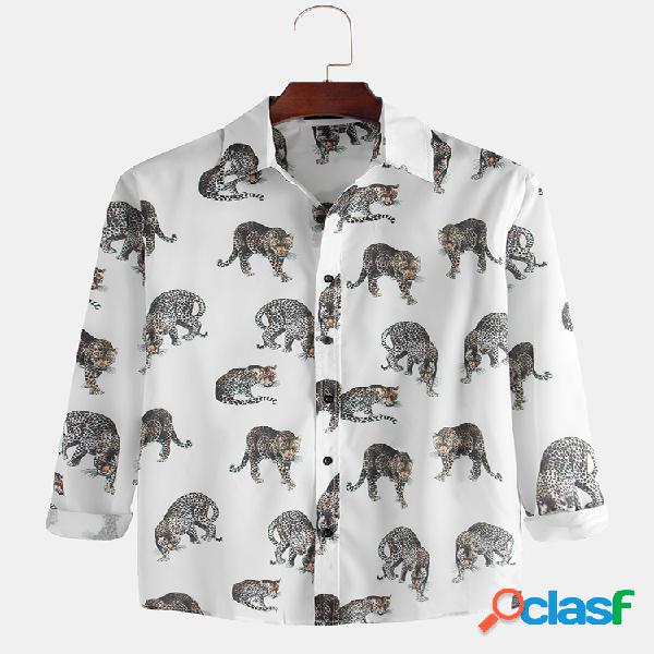 Mens Leopard Print manga comprida Sim Fit Designer Shirts