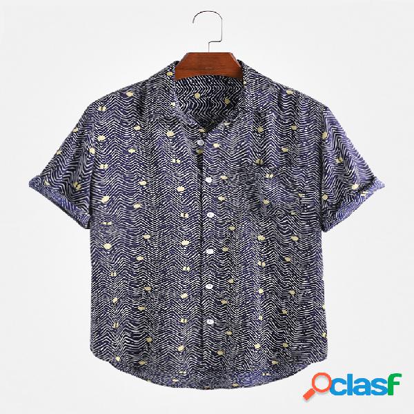 Mens Listrado ondulado impresso Turn Down Collar manga curta