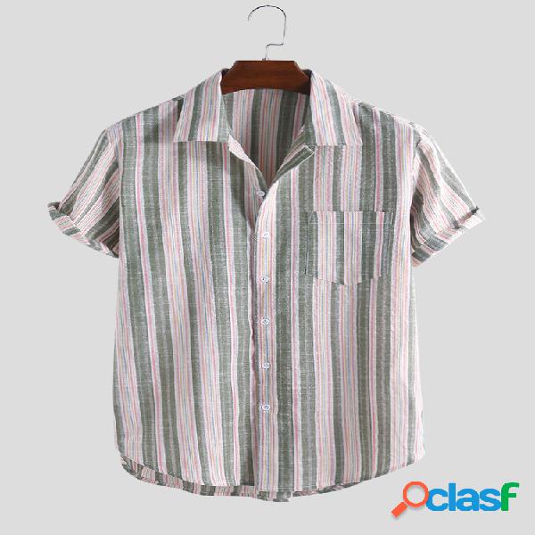 Mens Loose Fashion Striped Summer 100% Algodão de manga