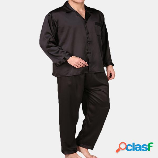 Mens Luxury Satin Faux Silk Pyjamas Smooth Loose Solid Color
