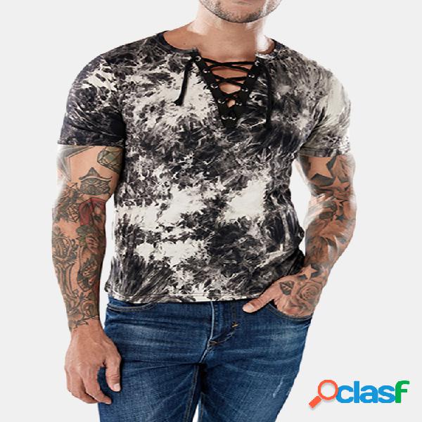 Mens Moda Bandagens Design T-shirt Com Decote Em V Manga