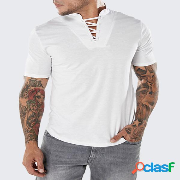 Mens Moda Busto Bandagens Tees Com Decote Em V Manga Curta