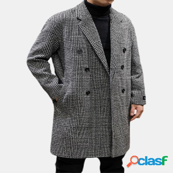 Mens Moda Houndstooth Manga comprida lisa Mid-long Casaco de