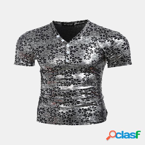 Mens Moda Impresso Hot Stamping Com Decote Em V Manga Curta