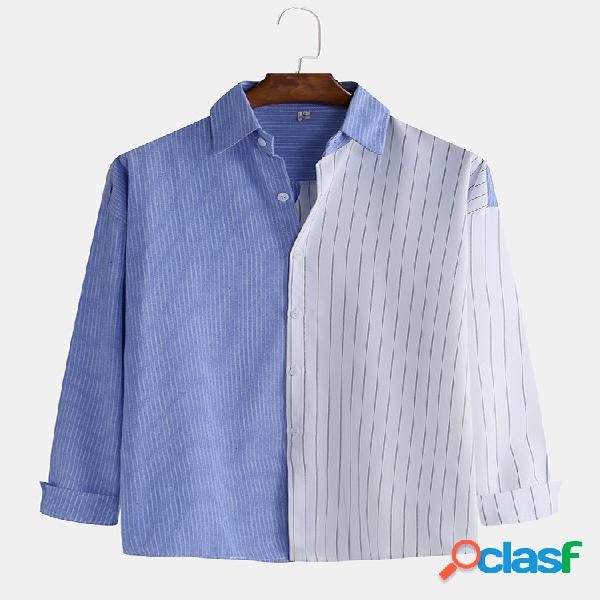 Mens Patchwork Contraste Cor Stripe manga comprida Camisas