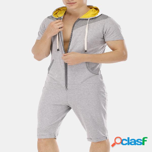 Mens Patchwork Jumpsuits de manga curta com capuz Pijama
