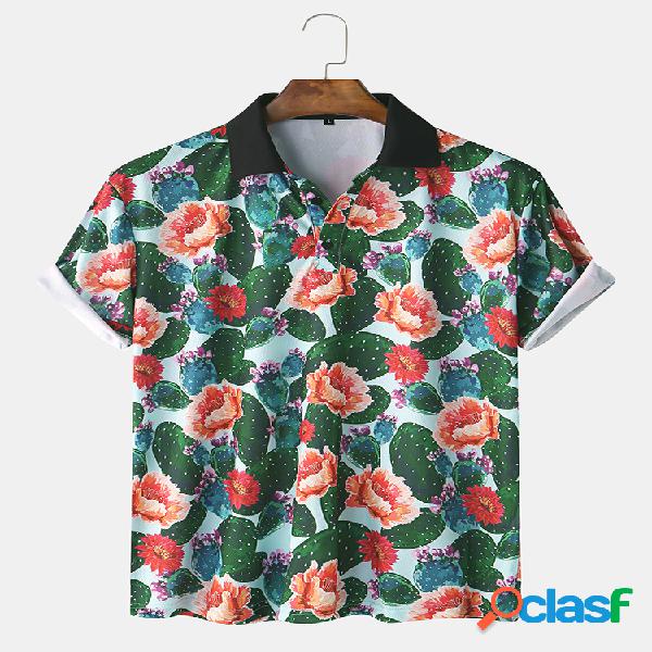 Mens Peony Cactus Print Respirável Casual Loose T-Shirt