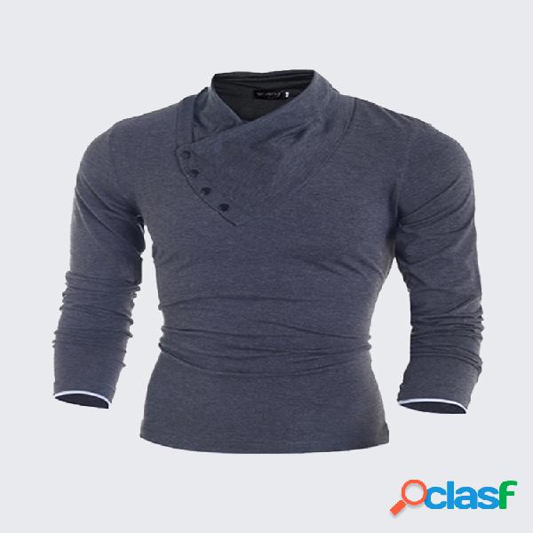 Mens Pile Heap Collar Oblique Botões Design Cor sólida