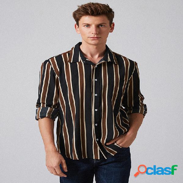 Mens Plain Contraste Cor Stripe Chest Pockets Camisas de