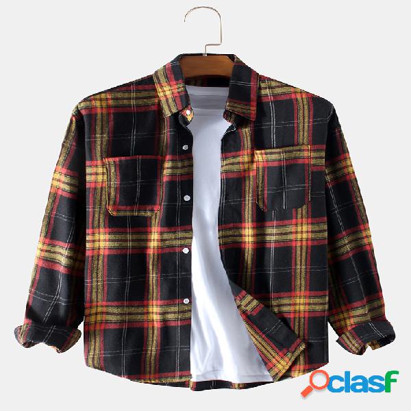 Mens Plain Cotton British Plaid Chest Pockets Camisas de