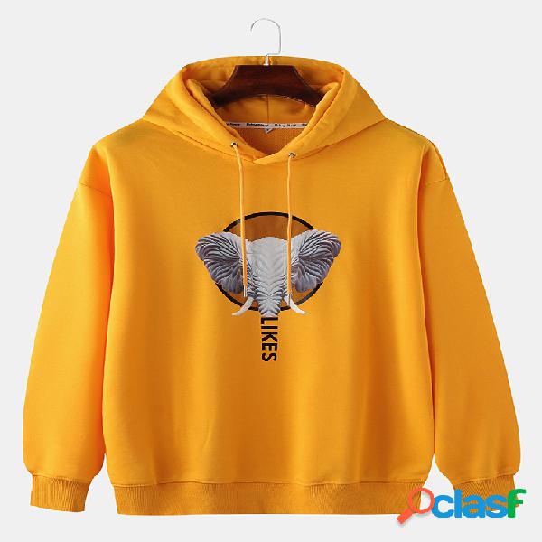 Mens Plain Elephant Print Hoodies com cordão de cor sólida