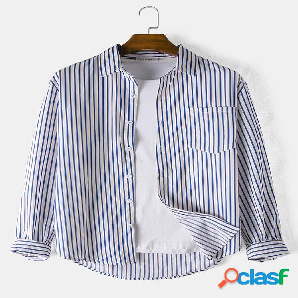 Mens Plain Light Color Stripe Chest Pockets Camisas de manga
