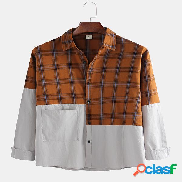 Mens Plain Patchwork Plaid Contrast Color manga comprida