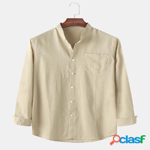 Mens Plain Solid Color Collarless Chest Pockets Camisas de