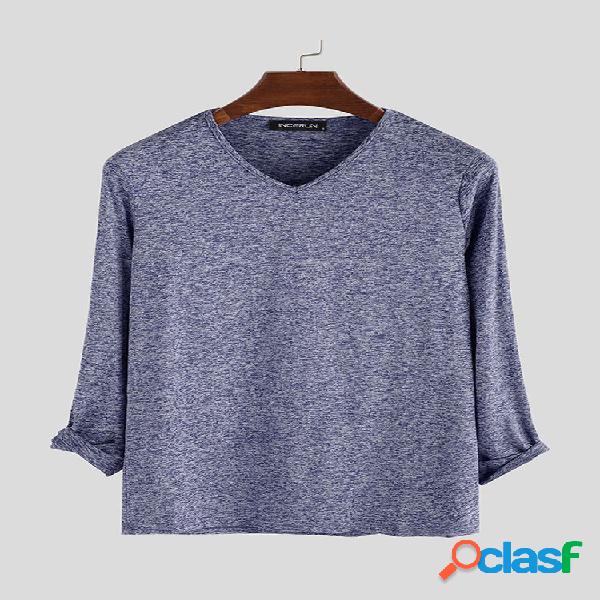 Mens Plain Solid Color Loose V-neck Pullover Manga comprida