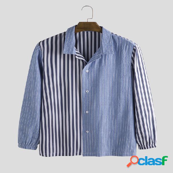 Mens Plain Style Contraste Cor Stripe Casual manga comprida