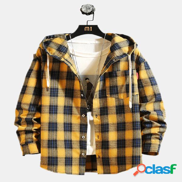 Mens Plain Style Plaid Chest Pocket Drawstring Hoodies