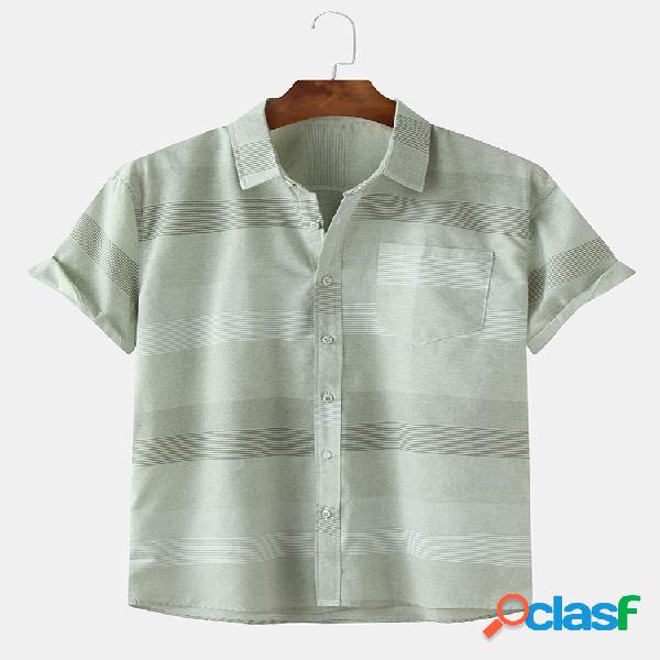 Mens Plain Vintage Stripe Chest Pockets Camisas de manga